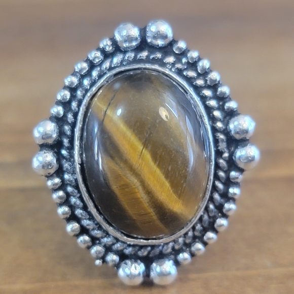 Vintage Jewelry - All Hand Crafted Native Tigers Eye Ring Size 8 925 Silver Jewelry Womens Western